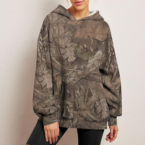 Sweat à capuche camouflage pour femme Sweat à capuche de sport surdimensionné à imprimé feuille d'érable