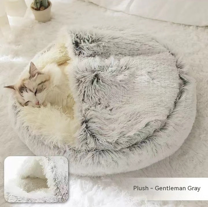 Lit pour chien et chat 2 en 1, lit d'hiver pour animaux, maison ronde en peluche chaude, lit doux en peluche longue pour animaux de compagnie, produits pour animaux.