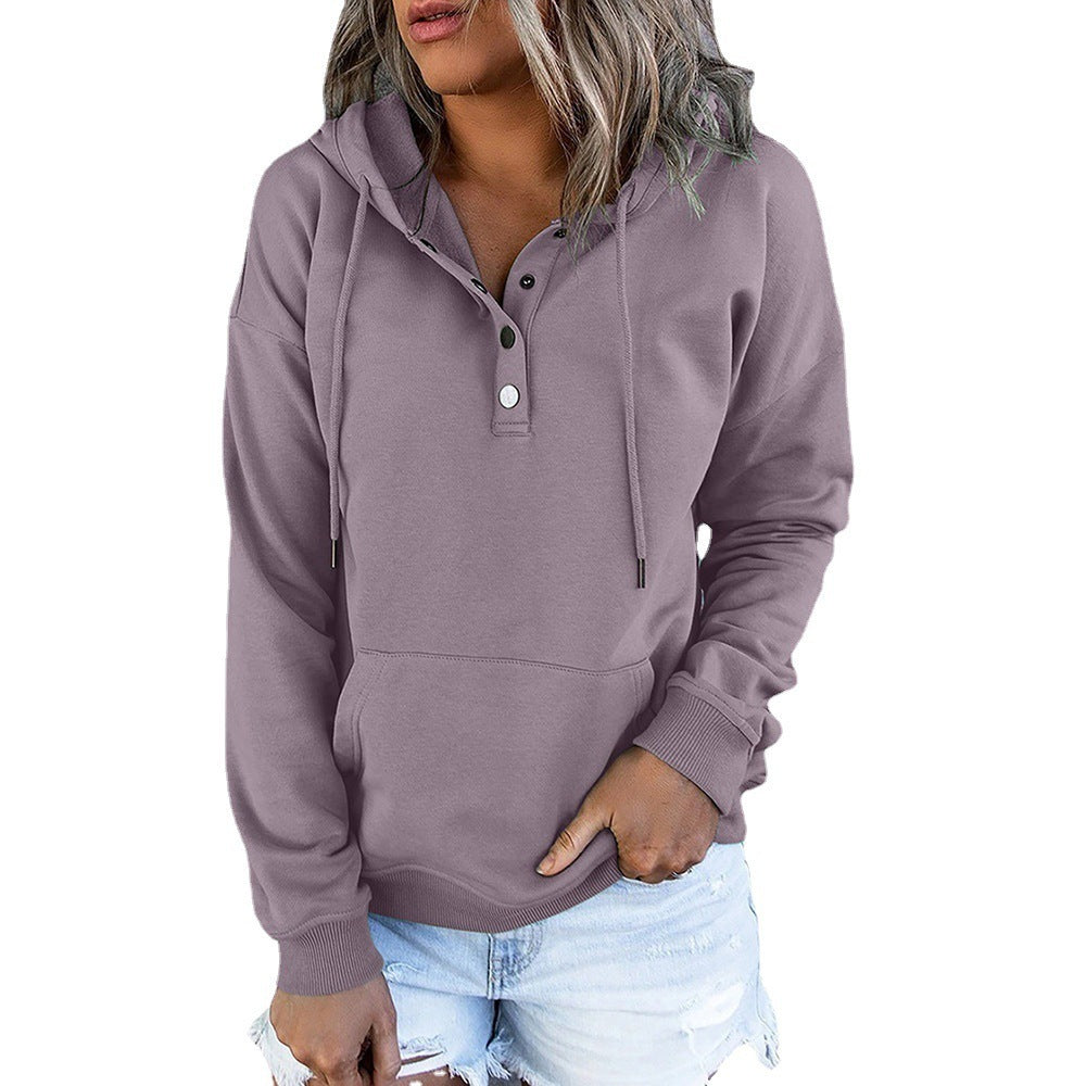 Sweat à capuche à manches longues avec poches, design décontracté avec boutons et cordon de serrage, vêtements de sport pour femmes, printemps et automne