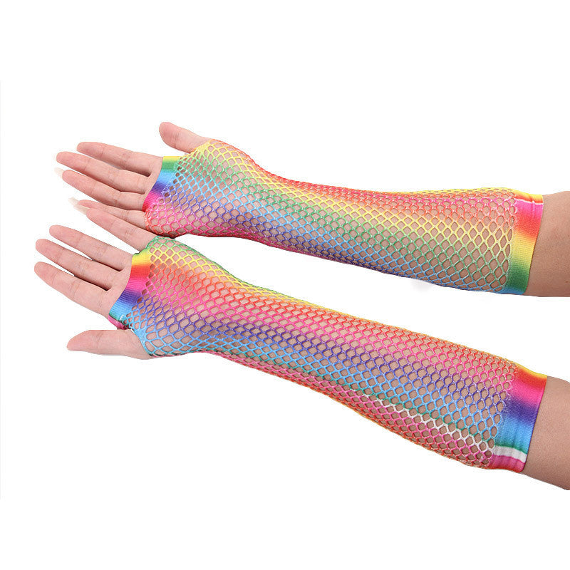 Gants longs en résille sexy de couleur arc-en-ciel avec demi-doigts