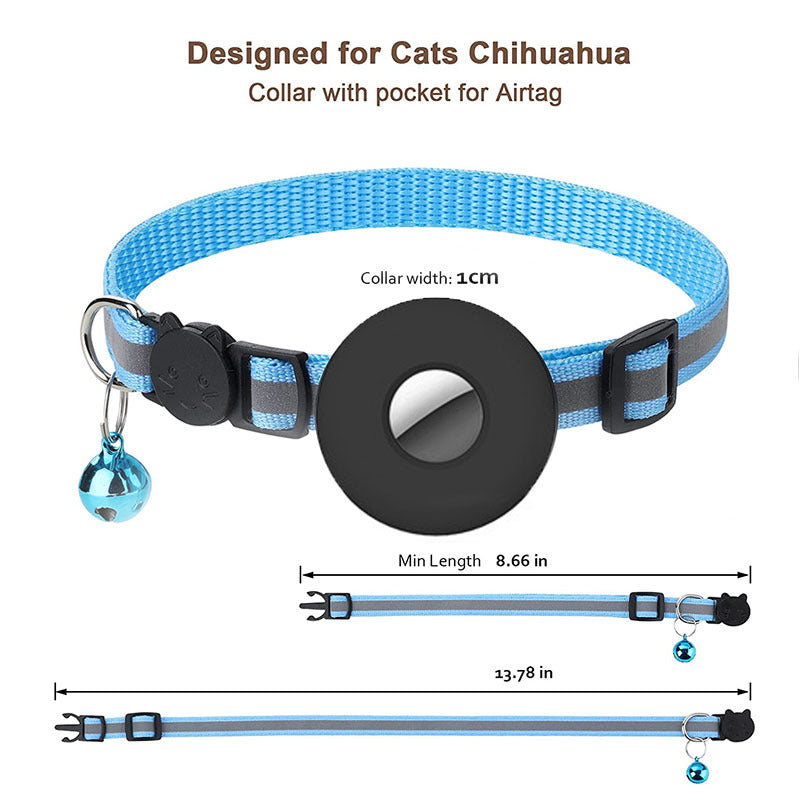 Collier pour animal de compagnie Airtag avec cloche réfléchissante ajustable anti-perte pour chat et chien.