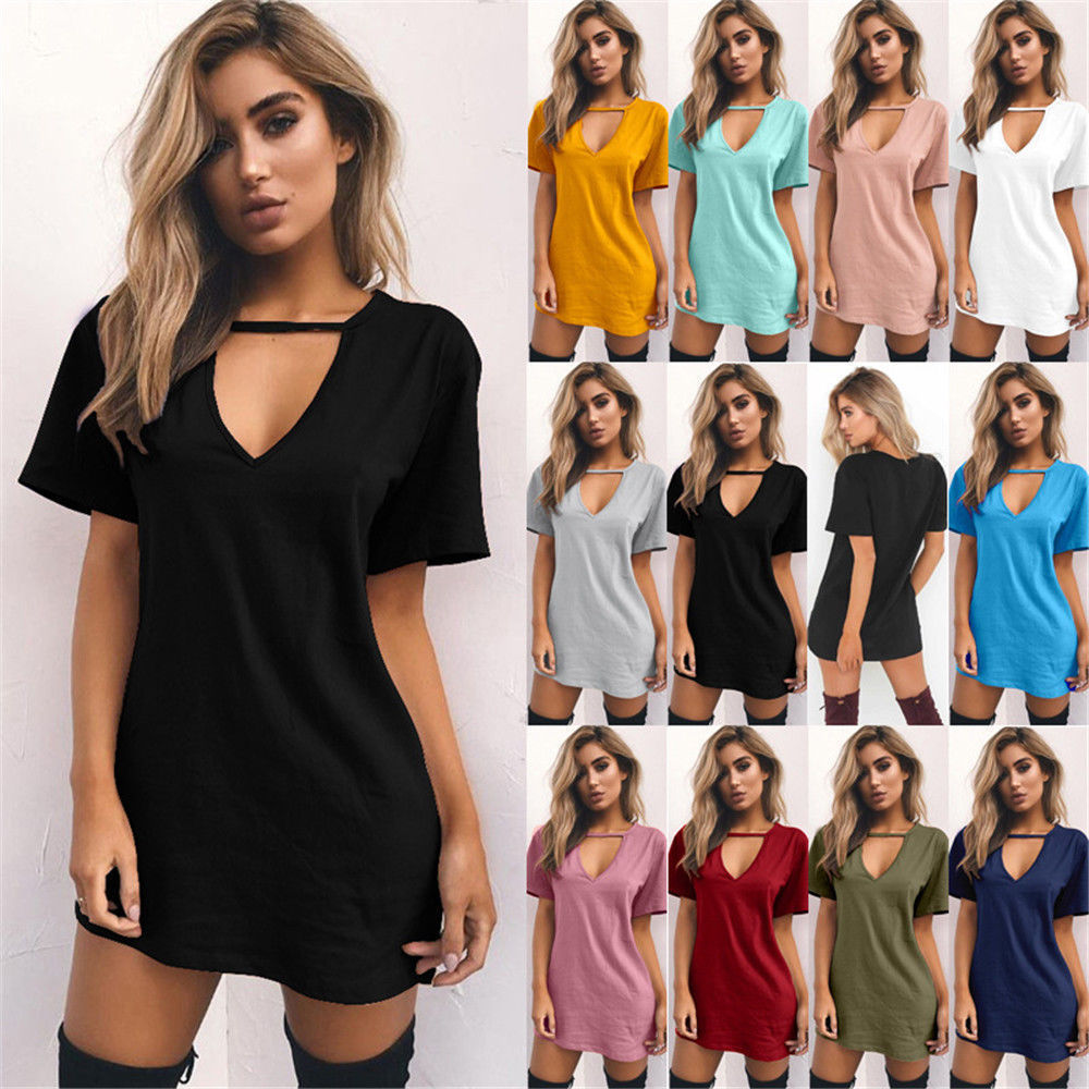 Europe et Amérique Sexy Deep V T-shirt à manches courtes Robe décontractée ample