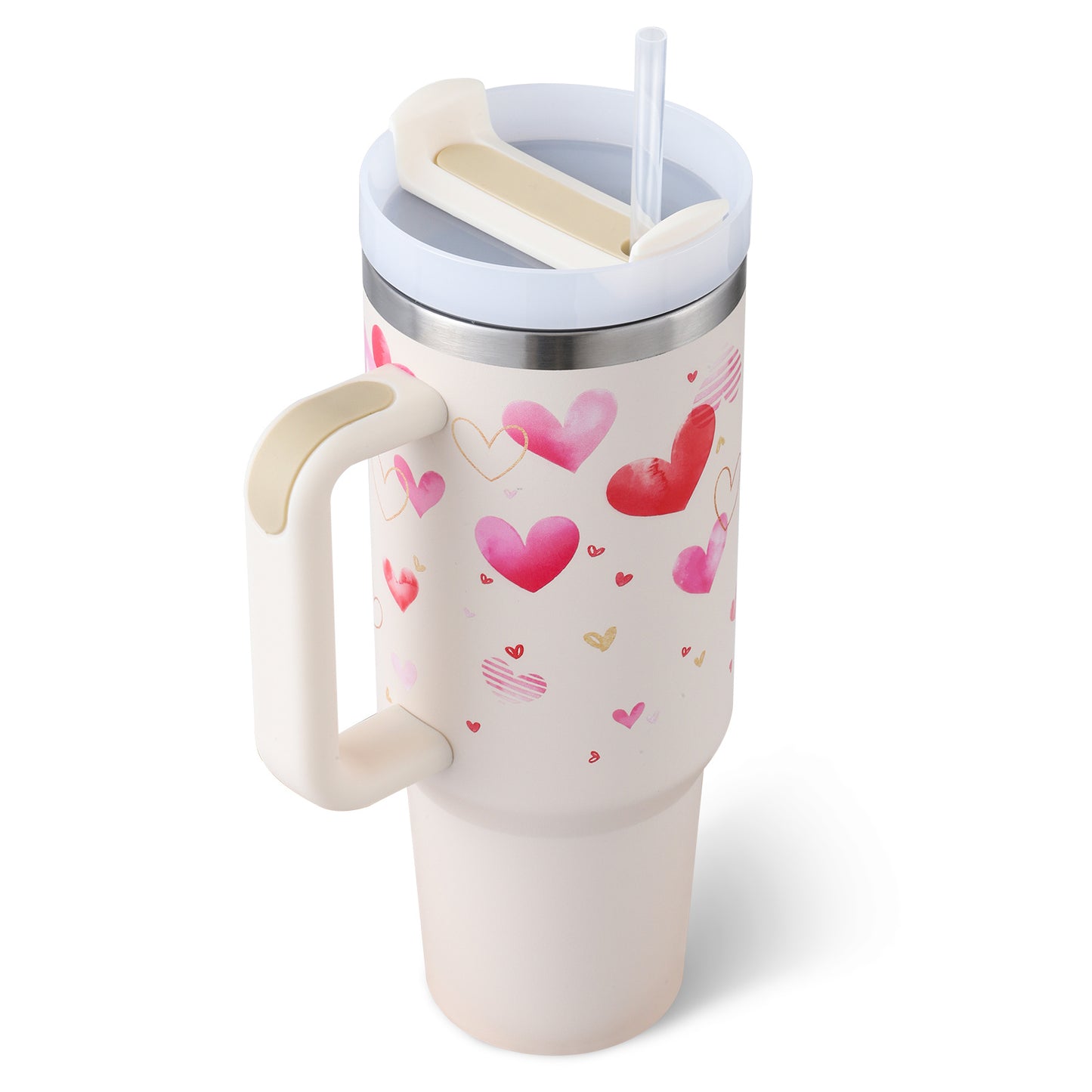 Gobelet de 40 oz avec poignée en paille isolée, tasse à café sous vide anti-déversement en acier inoxydable avec couvercle, tasse conique, cadeaux pour amoureux de la Saint-Valentin, convient pour la voiture, la salle de sport, le bureau, les voyages