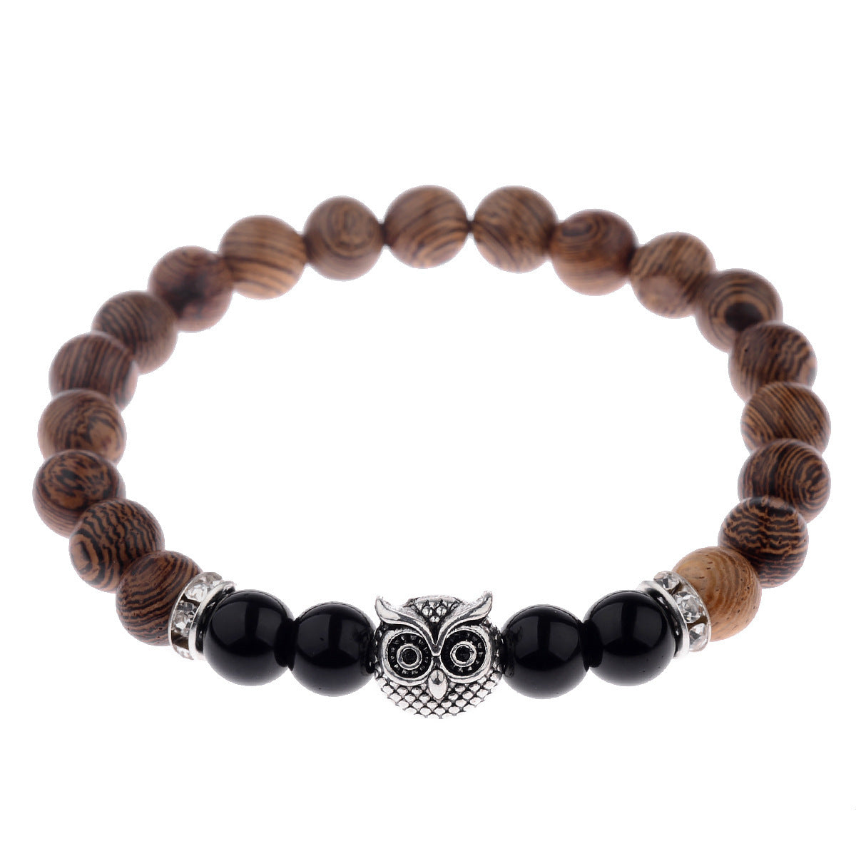 Bracelet hibou en pierre givrée et grain de bois