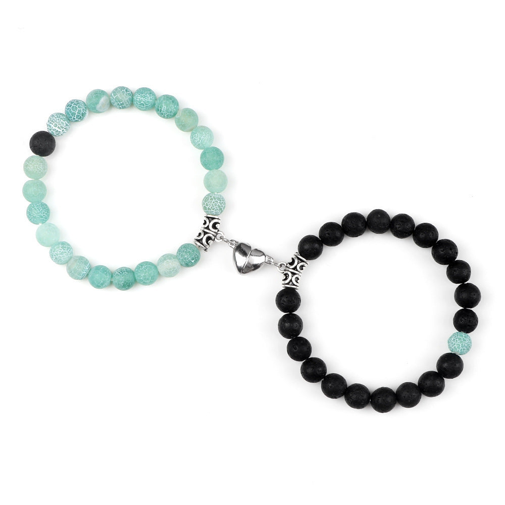 Bracelet magnétique pour couple avec motif cœur turquoise et pêche