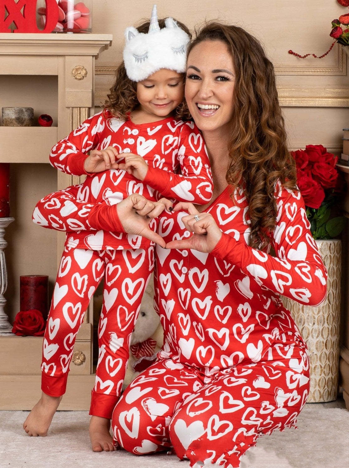 Vêtements de beauté Pyjamas de loisirs avec impression de cœur pour la Saint-Valentin Ensemble parent-enfant