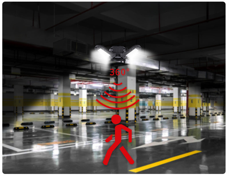 Lumière de garage à lampes déformables générales, radar, lampe industrielle pour entrepôt, éclairage domestique à haute intensité.
