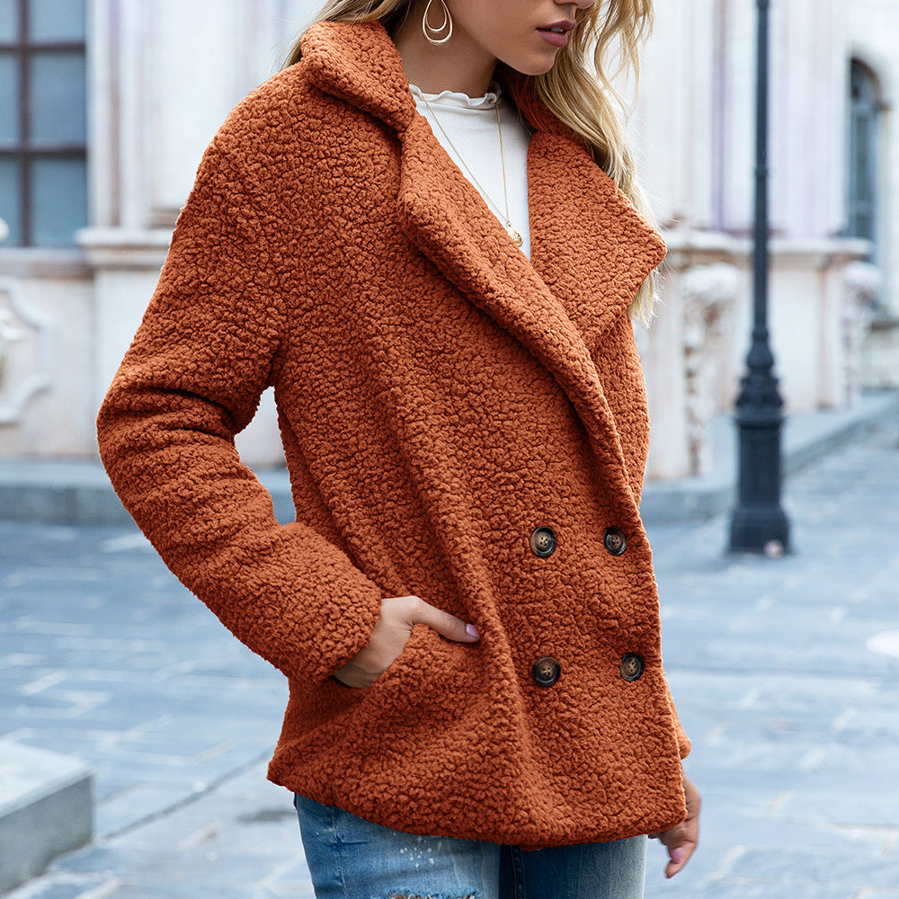 Manteau d'hiver à revers lâche et duveteux, veste à boutons, cardigan, vêtements d'extérieur pour femmes.