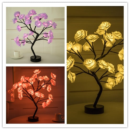 Lampe de table LED à piles USB en forme de fleur de rose, guirlande lumineuse pour arbre bonsaï, décoration de chambre à coucher, décoration d'intérieur