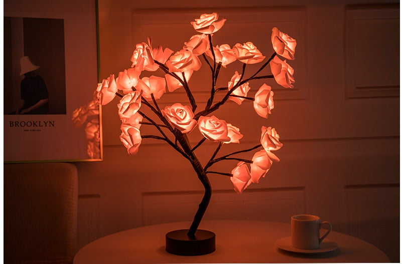 Lampe de table LED à piles USB en forme de fleur de rose, guirlande lumineuse pour arbre bonsaï, décoration de chambre à coucher, décoration d'intérieur