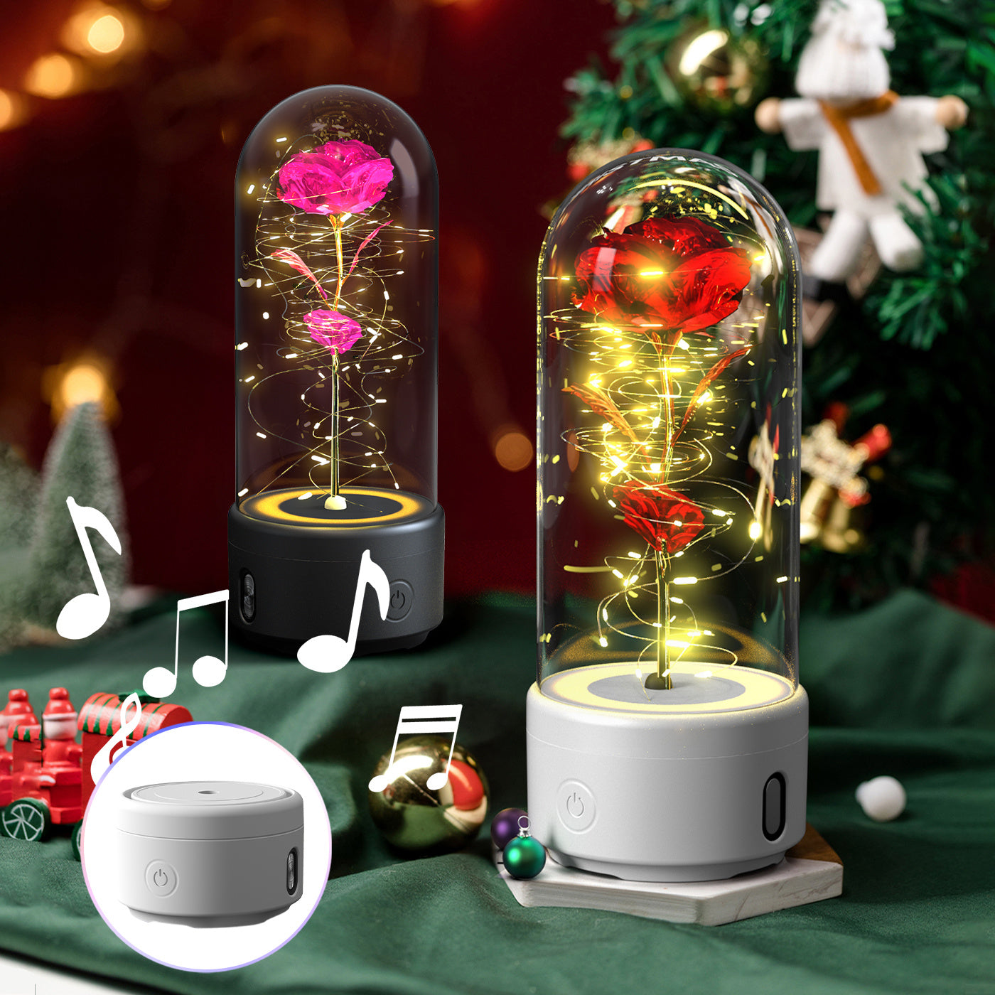 Lumière LED créative 2 en 1 avec fleurs roses et haut-parleur compatible Bluetooth, cadeau de la Saint-Valentin, ornement lumineux en rose sous un couvercle en verre.