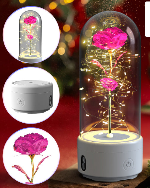 Lumière LED créative 2 en 1 avec fleurs roses et haut-parleur compatible Bluetooth, cadeau de la Saint-Valentin, ornement lumineux en rose sous un couvercle en verre.