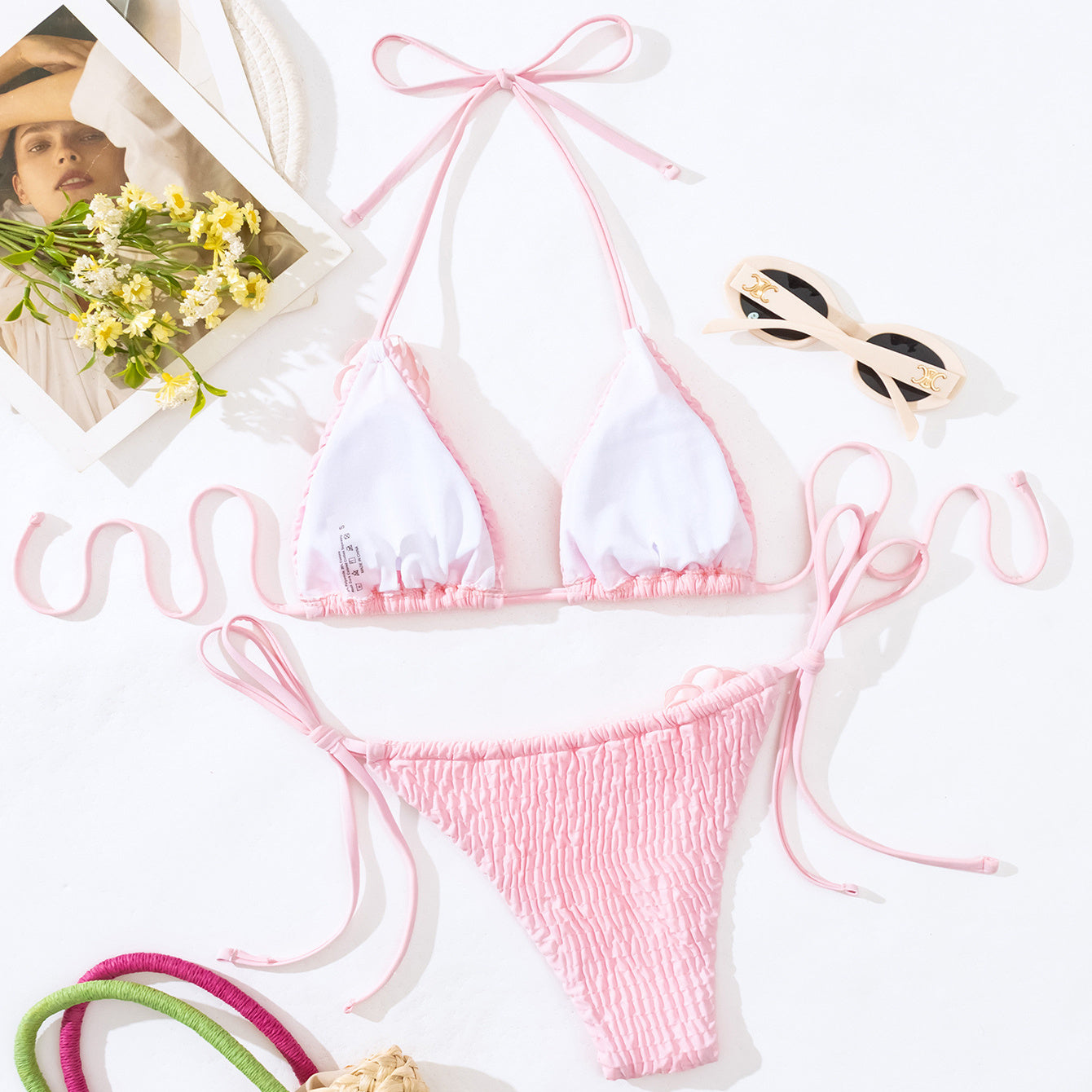 Ensemble de bikini à fleurs tridimensionnelles 3D pour la plage, maillot de bain sexy d'été de couleur unie avec nœud latéral, vêtements pour femmes