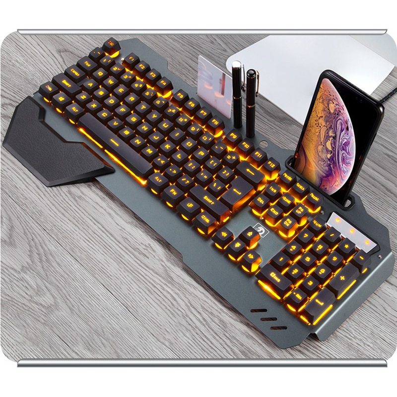 Clavier de jeu filaire ergonomique avec rétroéclairage RGB et support pour téléphone.