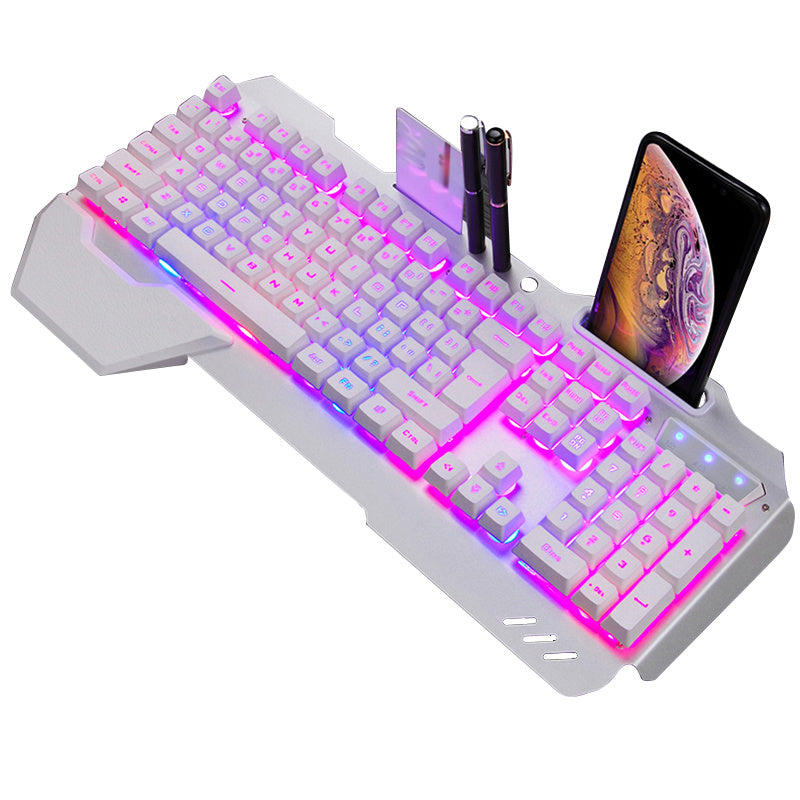 Clavier de jeu filaire ergonomique avec rétroéclairage RGB et support pour téléphone.