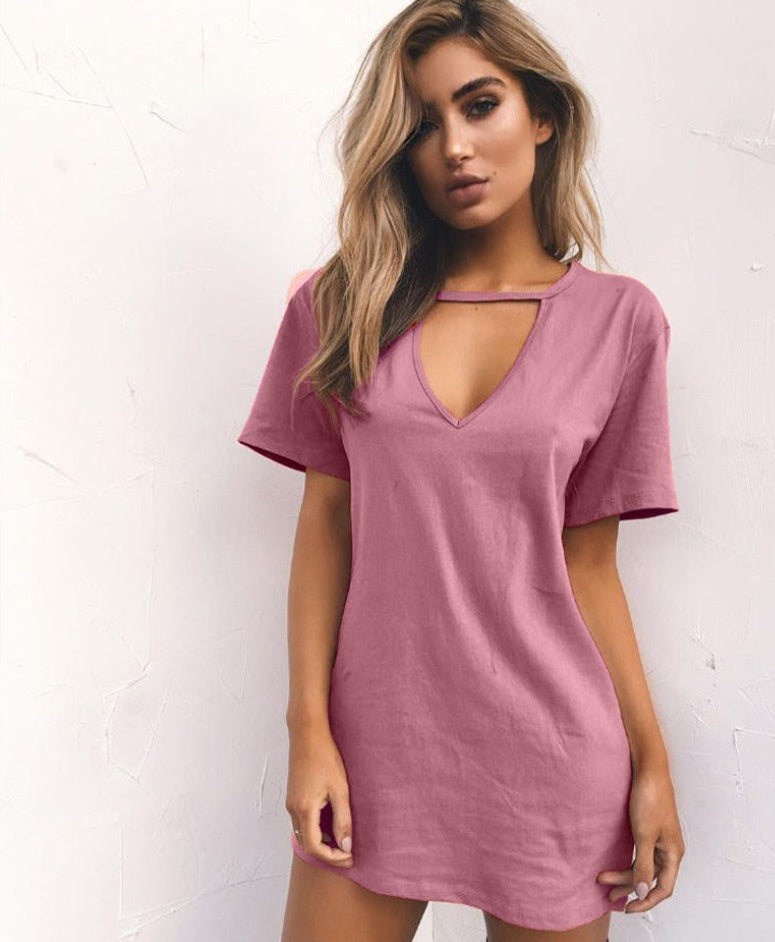 Europe et Amérique Sexy Deep V T-shirt à manches courtes Robe décontractée ample