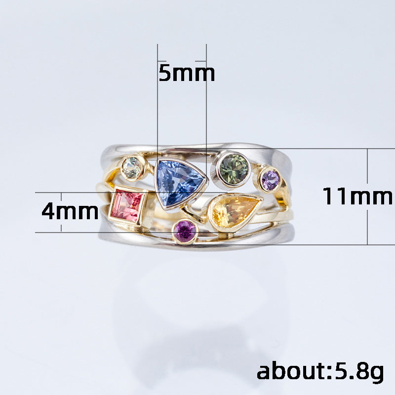 Bague pour femme avec lignes ondulées en zircon incrustées et motif géométrique multicolore exquis