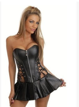 Corset sexy en simili cuir noir Steampunk