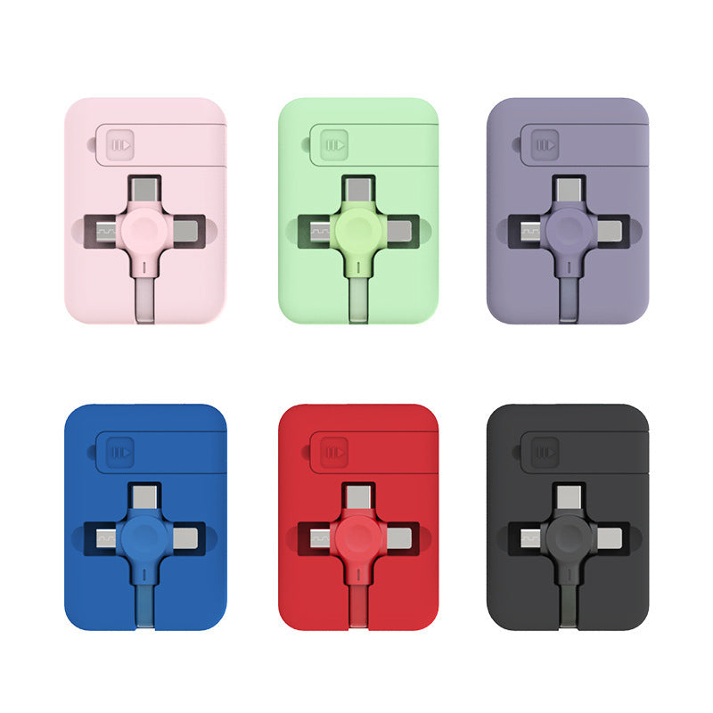 Câble USB rétractable 4 en 1 créatif de type Macaron, câble de type C et micro pour iPhone avec support de téléphone, ligne de câble de données de chargement et boîte de rangement.