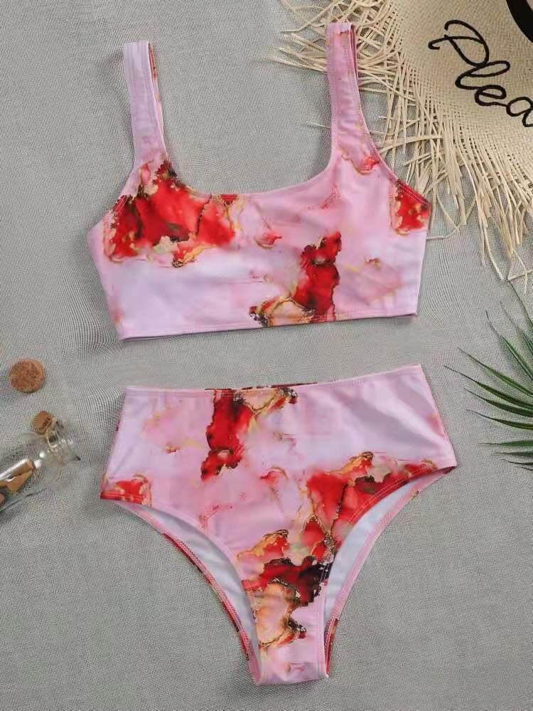 Maillot de bain sexy à taille haute imprimé tie-dye fendu