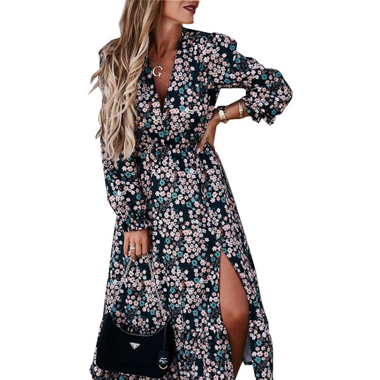 Robe longue sexy imprimée à col en V et fente boutonnée