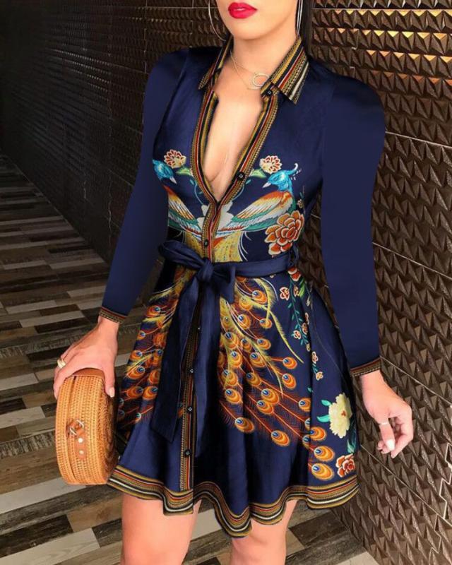 Robe sexy en dentelle à col en V imprimée européenne et américaine