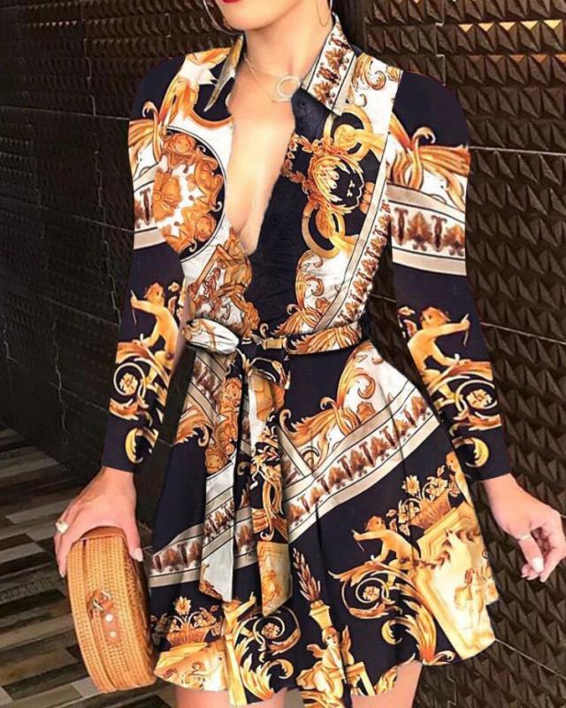 Robe sexy en dentelle à col en V imprimée européenne et américaine