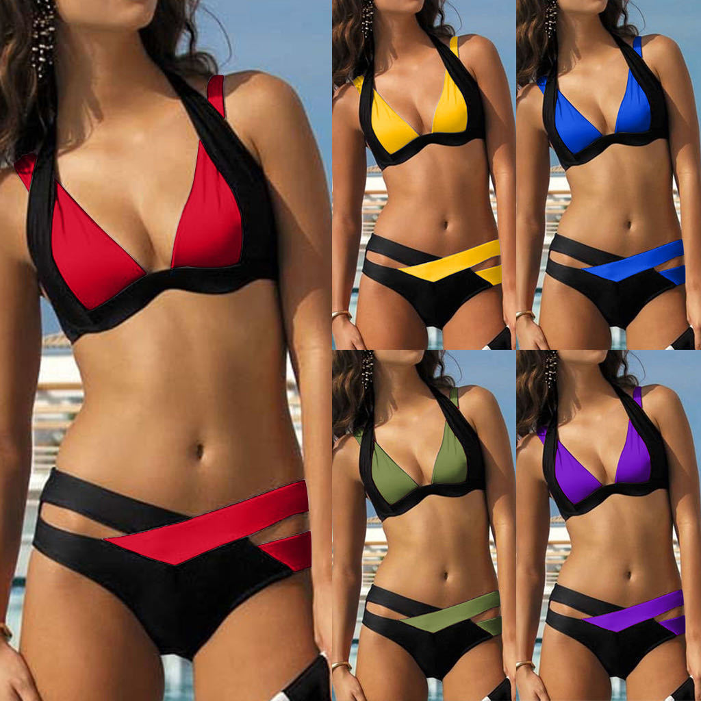 Nouveau maillot de bain bikini sexy à bretelles croisées de couleur assortie