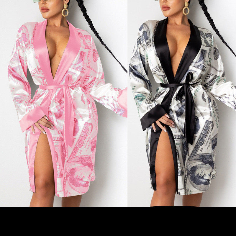 Hirigin Esthétique Cardigan Manches Longues Midi Bandage Robe Argent Pyjama Automne Vêtements Pour Femmes Mode Sexy Lounge Wear