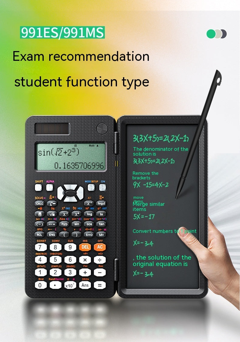 Calculatrices scientifiques pliables 2 en 1 avec fonction d'apprentissage et tablette d'écriture. Calculatrices scientifiques de bureau pliables.