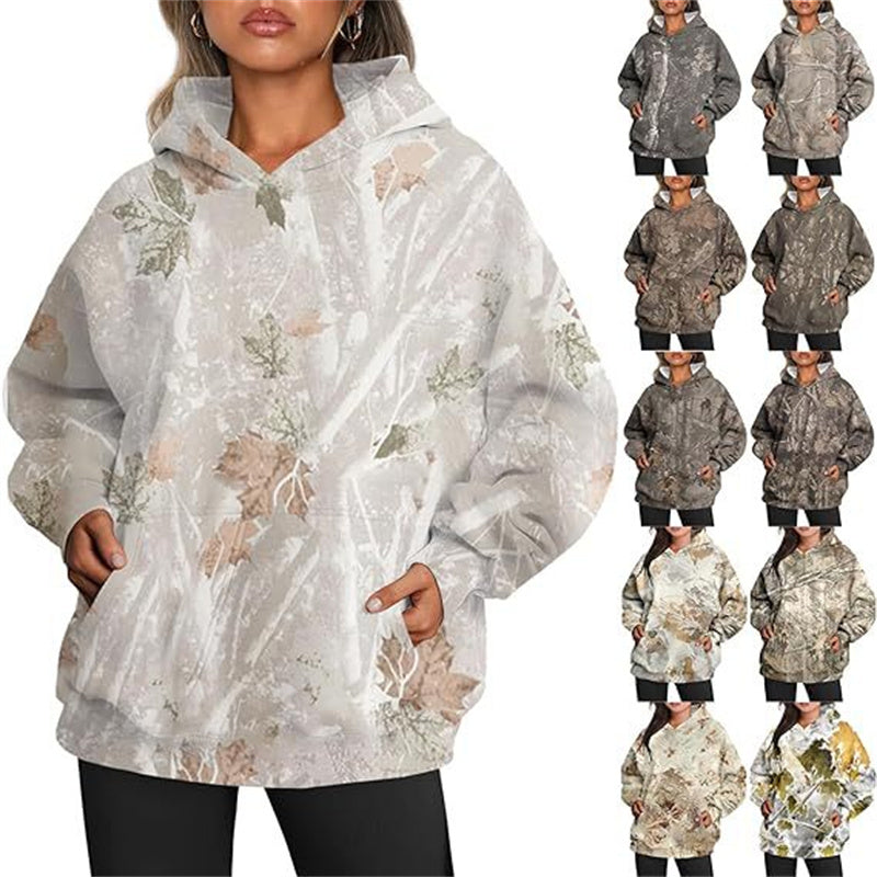 Sweat à capuche camouflage pour femme Sweat à capuche de sport surdimensionné à imprimé feuille d'érable