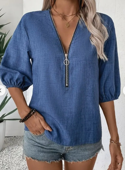 Blouse élégante à col en V profond avec fermeture éclair pour femmes - Mode chic printemps automne, lavable en machine, design, manches