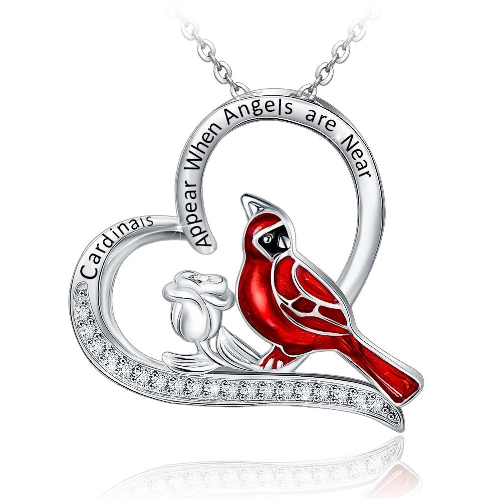 Collier pendentif en forme de cœur créatif avec cardinal, accessoire commémoratif exquis pour les fêtes, bijoux cadeaux d'anniversaire, cadeaux pour la fête de la Saint-Valentin.