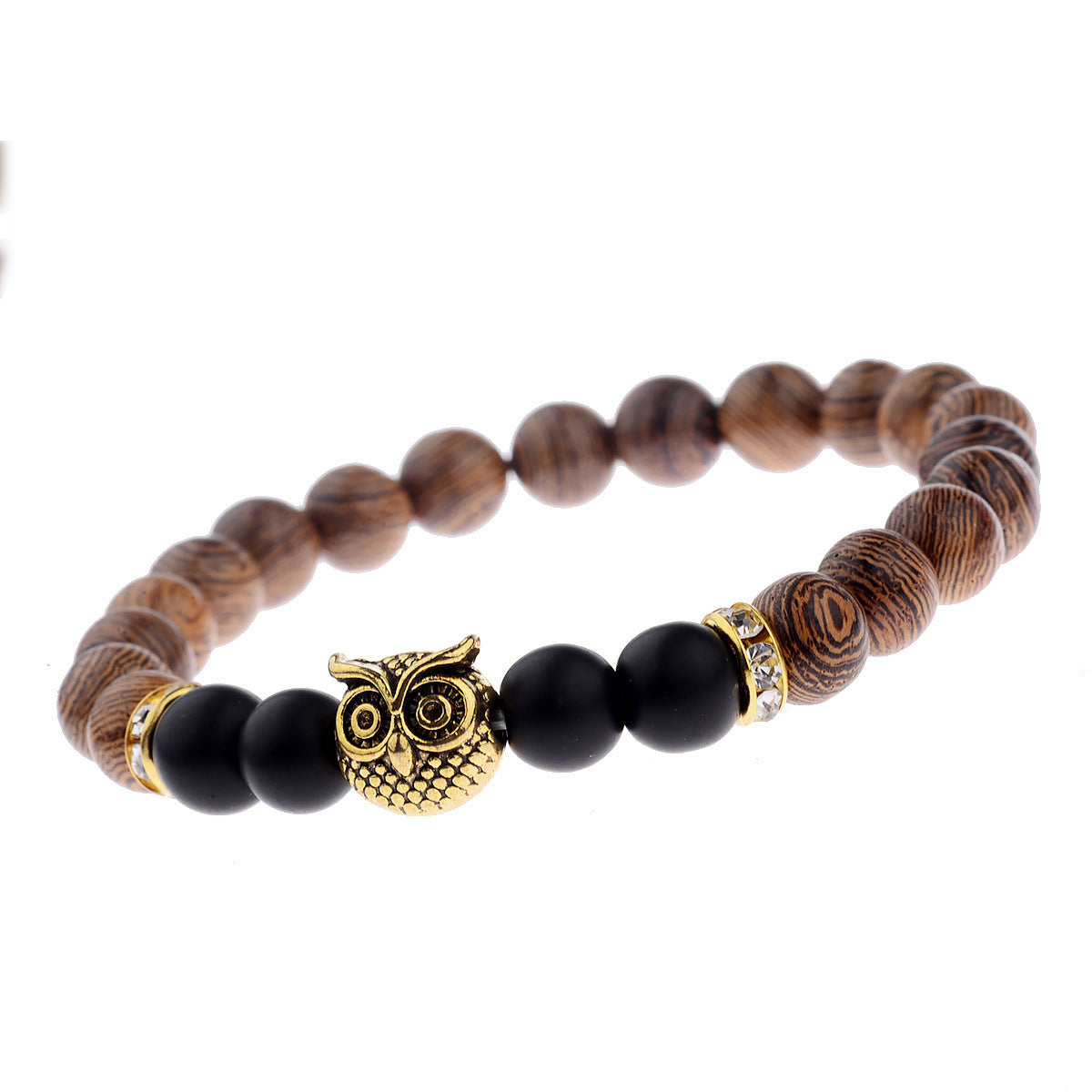 Bracelet hibou en pierre givrée et grain de bois