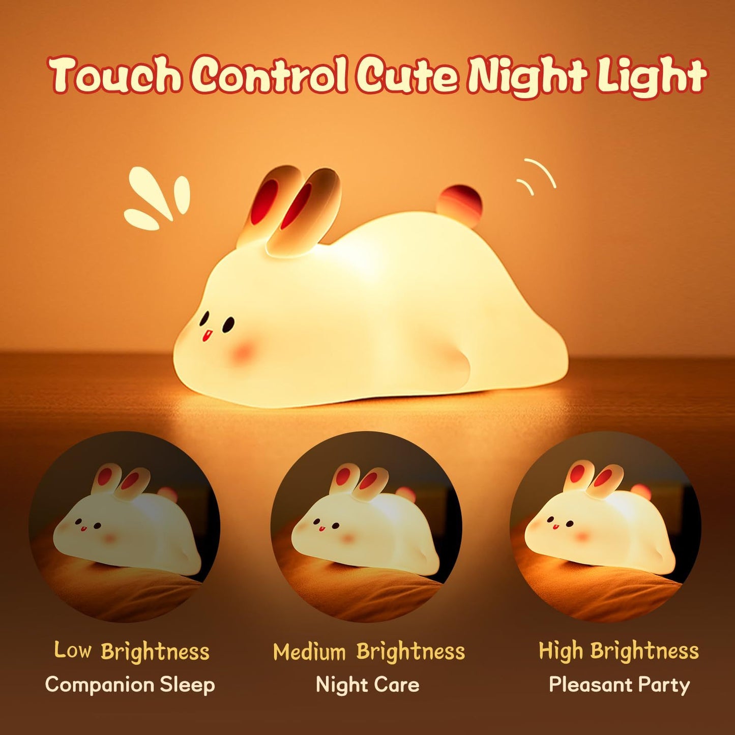 Lampe de nuit LED mignonne avec capteur tactile, veilleuse en silicone en forme de grand visage de lapin, cadeau de Noël, lampe de chevet, décoration intérieure.
