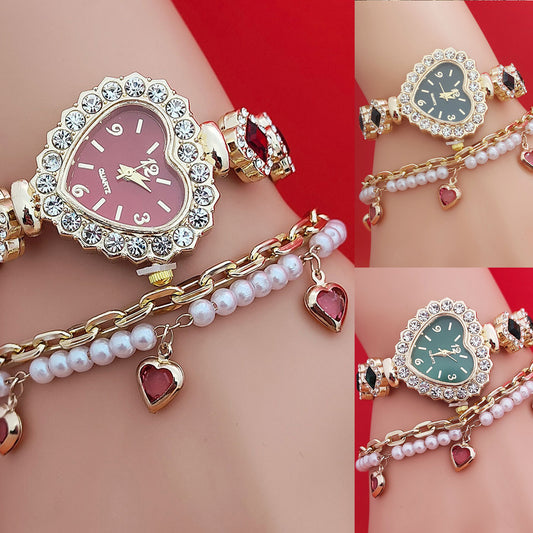 Colorful Heart Shape Diamond Bracelet Watch Set Quartz Watches Fashion Jewelry for Women Valentine's Day Gift.