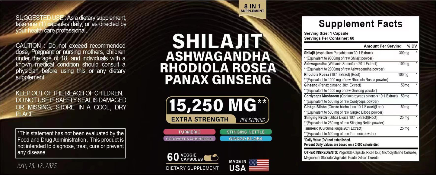 Shilajit Pure Himalayan 9000MG, Booster d'énergie Ashwagandha 2000MG, Rhodiola Rosea 999MG, Panax Ginseng 1500MG, Curcuma 500MG, Ginkgo Biloba 500MG, Ortie 250MG Champignon Cordyceps 500