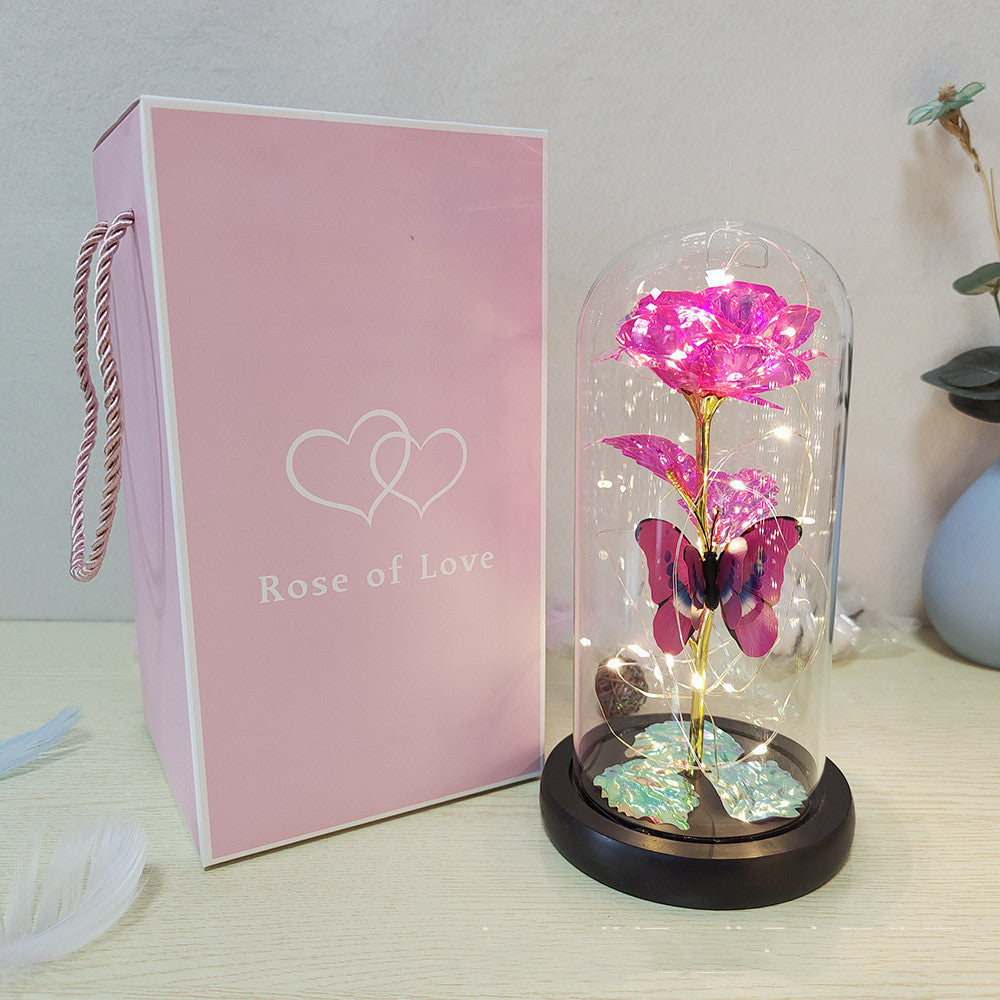 Cadeau de Saint-Valentin Rose éternelle Fleur en aluminium avec lumière LED dans un couvercle en verre Cadeaux de mariage pour la fête des mères Cadeau de demoiselle d'honneur