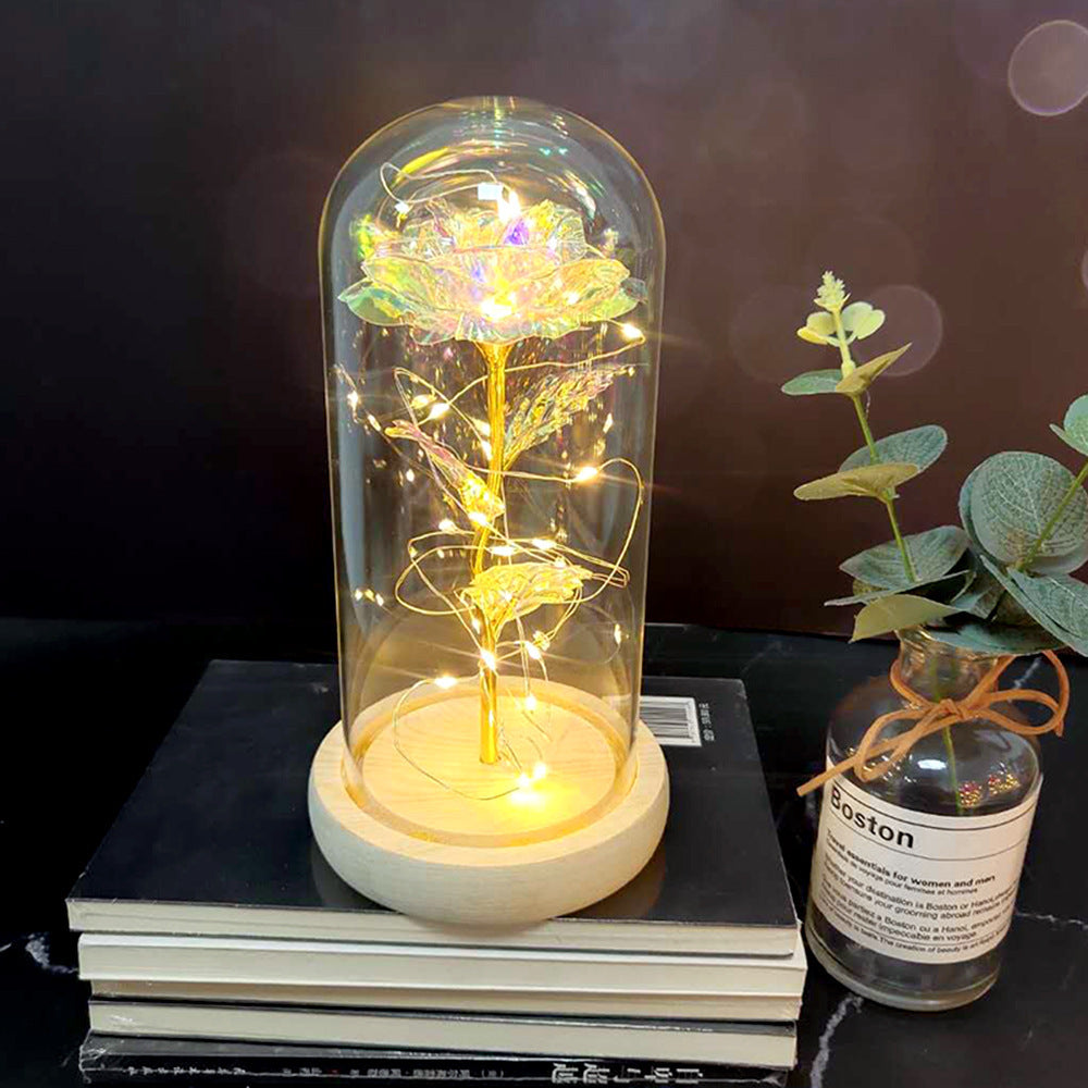 Cadeaux de mariage pour la fête des mères, cadeau de demoiselle d'honneur, rose en simulation immortelle, couvercle en verre lumineux, ornement LED.