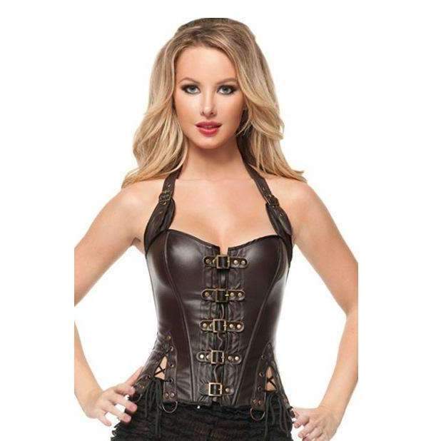 Corset sexy en simili cuir noir Steampunk