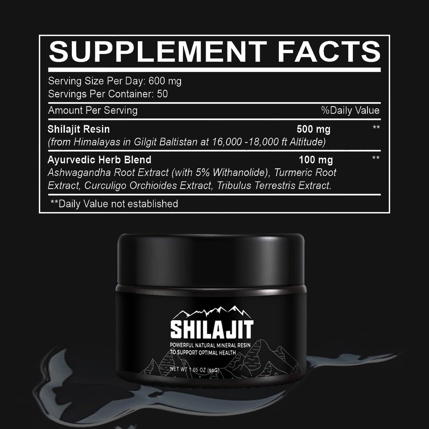 Shilajit Pure Himalayan 50 grammes de résine de Shilajit biologique naturelle, supplément de Shilajit de qualité or pour hommes et femmes avec 80 oligo-éléments et acide fulvique pour l'énergie et le soutien immunitaire