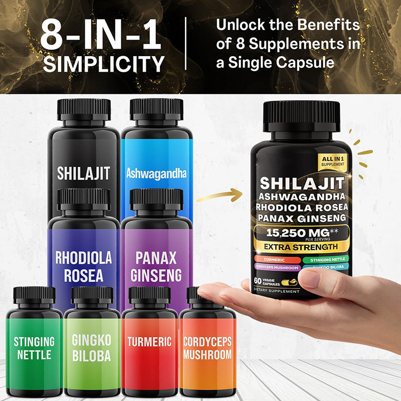 Shilajit Pure Himalayan 9000MG, Booster d'énergie Ashwagandha 2000MG, Rhodiola Rosea 999MG, Panax Ginseng 1500MG, Curcuma 500MG, Ginkgo Biloba 500MG, Ortie 250MG Champignon Cordyceps 500