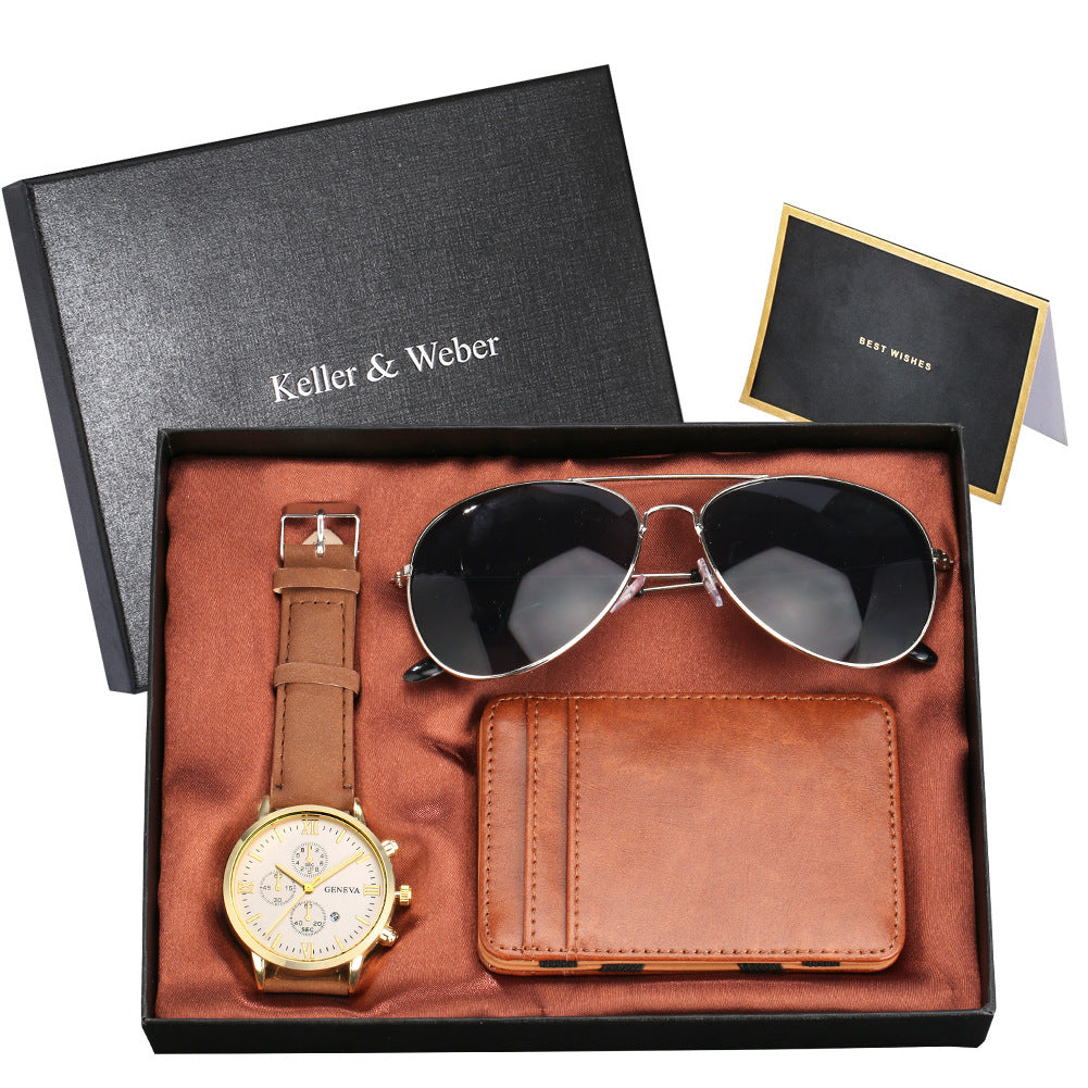 Coffret cadeau montre à quartz pour homme, lunettes, portefeuille, coffret cadeau