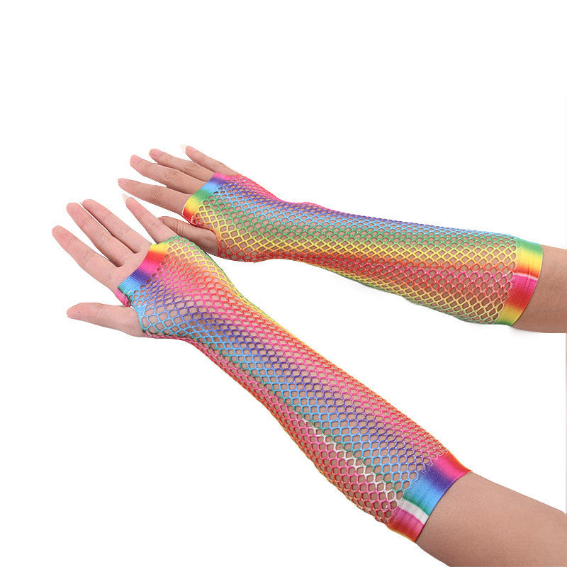 Gants longs en résille sexy de couleur arc-en-ciel avec demi-doigts