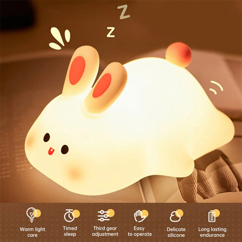 Lampe de nuit LED mignonne avec capteur tactile, veilleuse en silicone en forme de grand visage de lapin, cadeau de Noël, lampe de chevet, décoration intérieure.