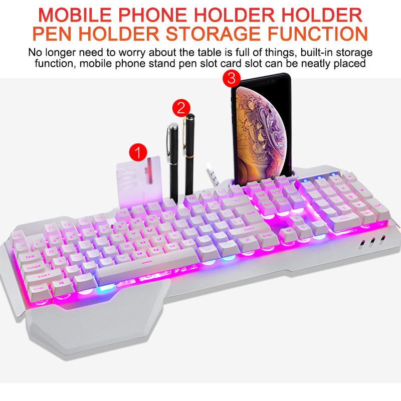 Clavier de jeu filaire ergonomique avec rétroéclairage RGB et support pour téléphone.