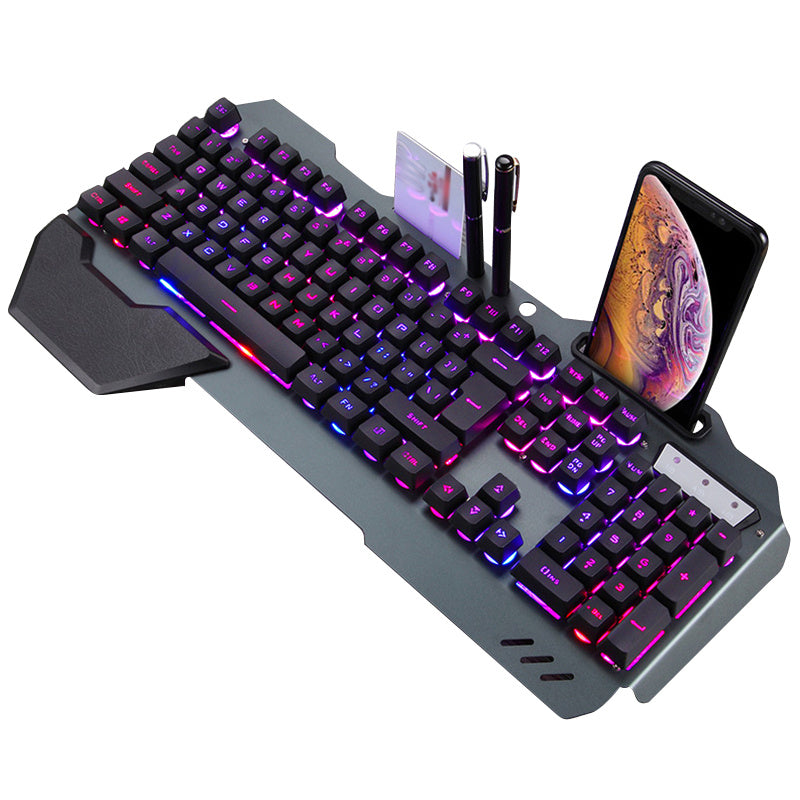 Clavier de jeu filaire ergonomique avec rétroéclairage RGB et support pour téléphone.