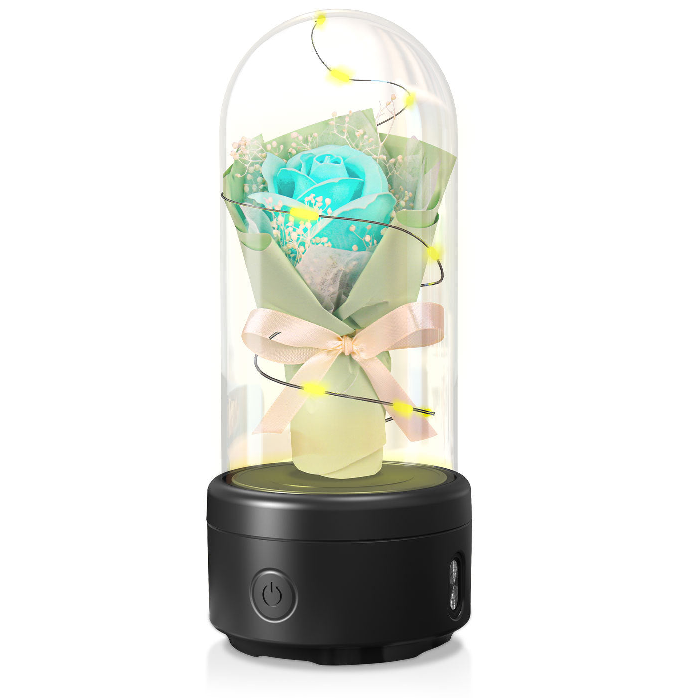 Bouquet créatif 2 en 1 avec lumière LED et haut-parleur compatible Bluetooth, cadeau de fête des mères, veilleuse lumineuse en forme de rose, ornement dans un couvercle en verre