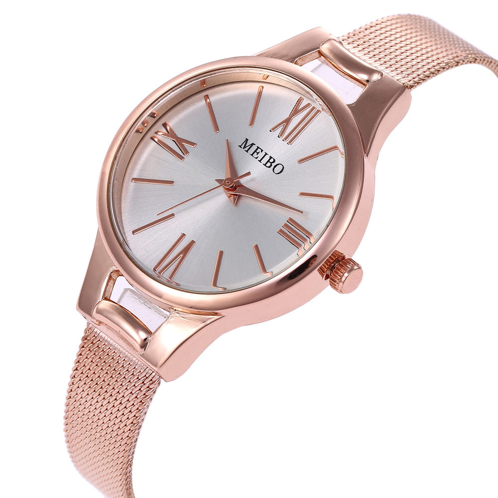 Montre-bracelet en acier inoxydable à boucle ardillon en verre rond en or rose pour femme