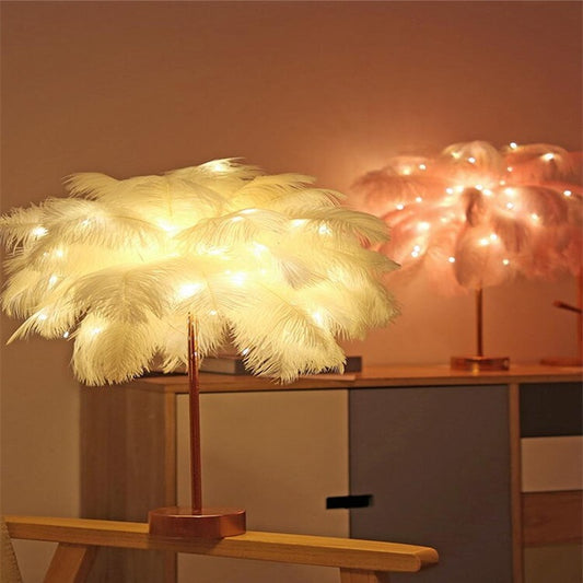 Lampe à plumes, lampe de bureau nordique, lampe de chevet de style européen, lampe de table à plumes, lumière nocturne, décoration moderne de lampe de table.